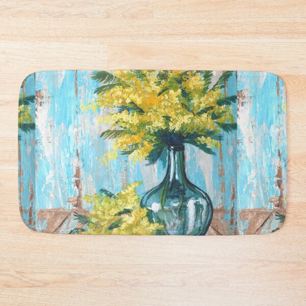 Item preview, impressionist rustic teal turquoise barn wood still life yellow mimosa flowers designed and sold by LEILA ART SPACE.