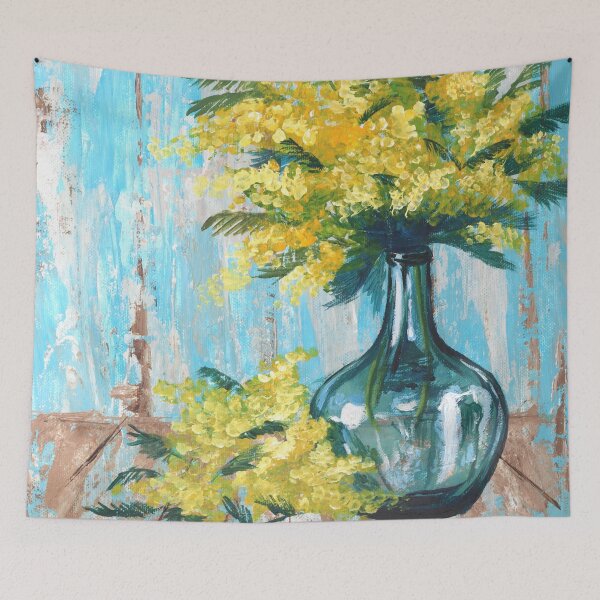 Item preview, impressionist rustic teal turquoise barn wood still life yellow mimosa flowers designed and sold by LEILA ART SPACE.