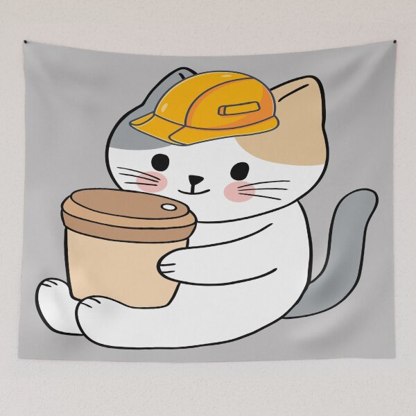 Item preview, A cat with hardhat having a coffee designed and sold by The-Blue-Feline.