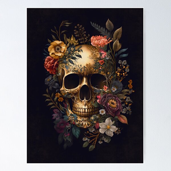 Golden Skull with Flowers Poster
