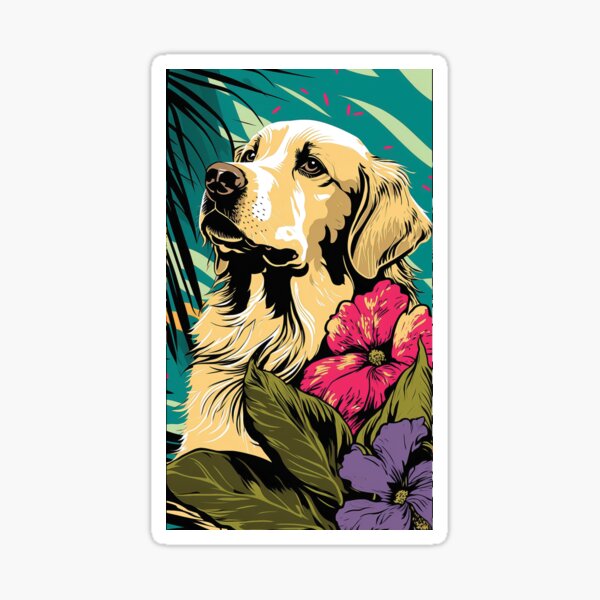 Golden Retriever Dog Vibrant Tropical Flower Tall Retro Vintage Digital Pop Art Portrait 3 Sticker