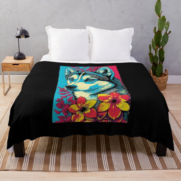 Item preview, Husky Dog Vibrant Tropical Flower Tall Retro Vintage Digital Pop Art Portrait 2 designed and sold by arthouseflunky.