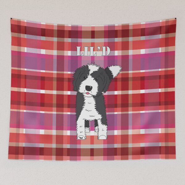 Item preview, Black and White Doodle Dog - Red Purple Pink Tartan - Lil'D - Little Doodle designed and sold by SterreStudio.