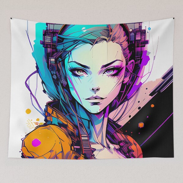 Item preview, Into the Future - Orange Jacket Cyberpunk Girl in Blue and Purple Illustration designed and sold by GalihDA.