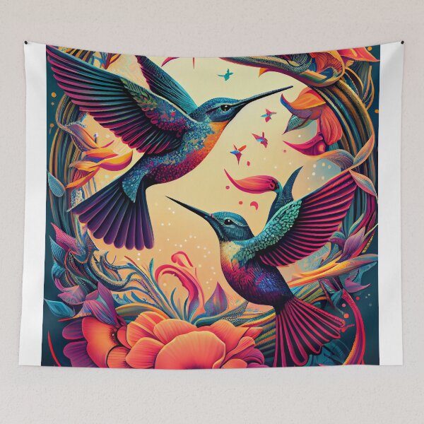 Item preview, Abundance Hummingbirds Psychedelic Rainbow Floral Pair designed and sold by ga-arts.