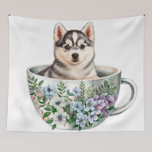 Item preview, Husky Puppy in Floral Tea Cup designed and sold by ImaginePrintsHQ.