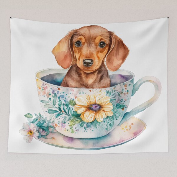 Item preview, Dachshund Puppy in Floral Cup designed and sold by ImaginePrintsHQ.