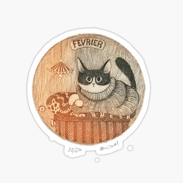 February Cat by Evelyne Nicod: Etching  Sticker