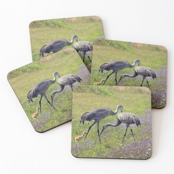Item preview, Sandhill Cranes with Colt and purple wild flowers designed and sold by Jeffrey Mask.
