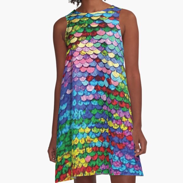 sequins rainbow  ,Texture scales with bright Sequins close-up   A-Line Dress