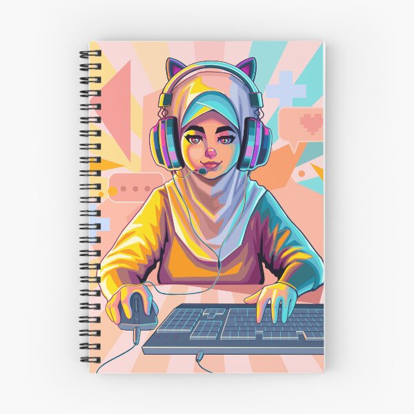 Item preview, Muslim girl gamer or streamer with cat ears headset sits in front of a computer designed and sold by Ekaterina Glazkova.