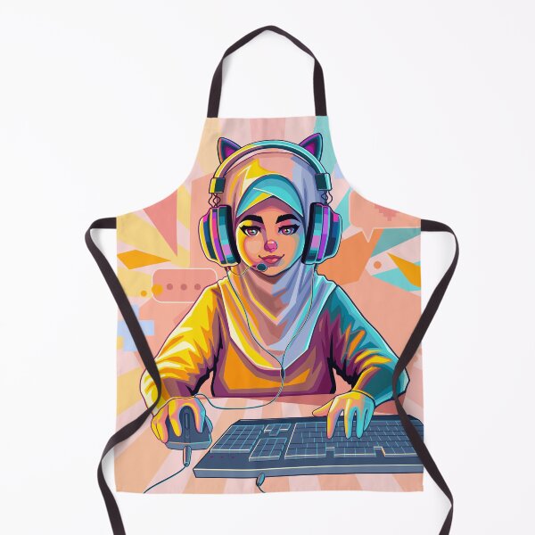 Item preview, Muslim girl gamer or streamer with cat ears headset sits in front of a computer designed and sold by Ekaterina Glazkova.