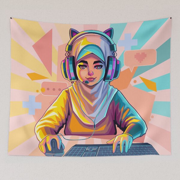 Item preview, Muslim girl gamer or streamer with cat ears headset sits in front of a computer designed and sold by Ekaterina Glazkova.