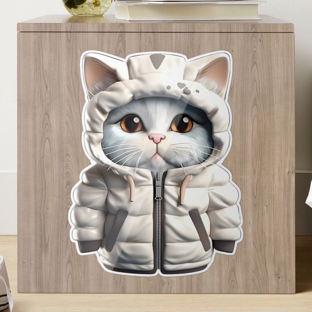 Cute cat wearing a puffer jacket Sticker for Sale by