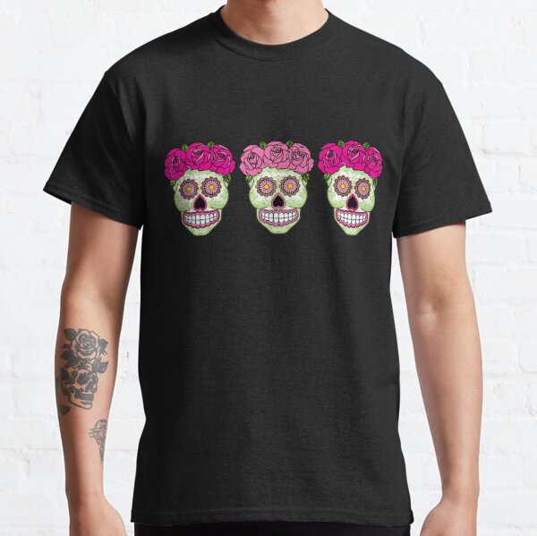 Three Sugar Skulls - Pink Roses Classic T-Shirt