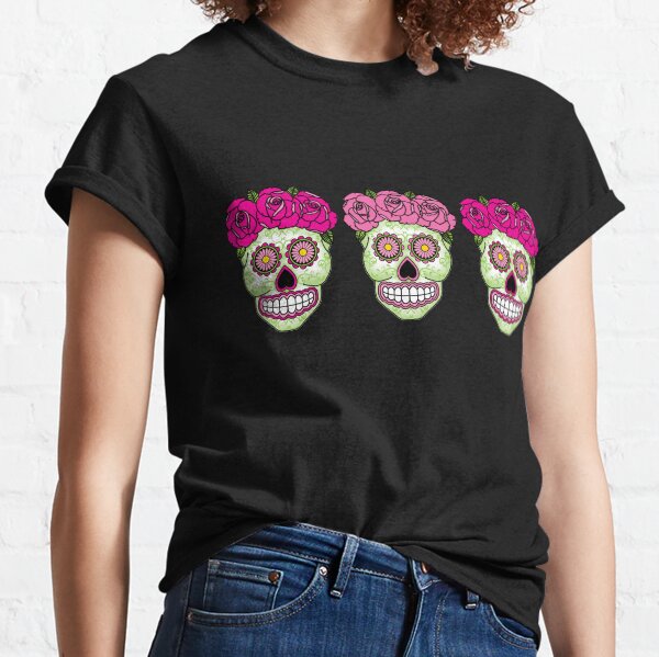Three Sugar Skulls - Pink Roses Classic T-Shirt