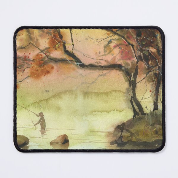 Item preview, Watercolor painting fly fisherman colorful landscape painting.  Colorful home decor wall art trees designed and sold by rfoxphoto.