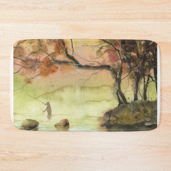 Item preview, Watercolor painting fly fisherman colorful landscape painting.  Colorful home decor wall art trees designed and sold by rfoxphoto.