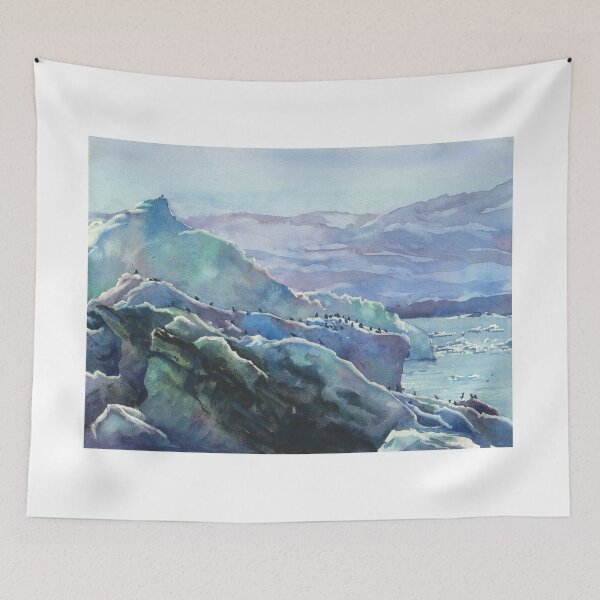 Item preview, Watercolor painting Iceland glacier and icebergs floating into sea at sunset watercolor painting Iceland home decor  designed and sold by rfoxphoto.