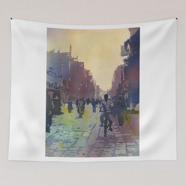 Aperçu de l'œuvre Scène de rue de Katmandou - peinture à l'aquarelle de personnes dans la rue à Katmandou, au Népal. Népal ville Vallée de Katmandou créée et vendue par rfoxphoto.