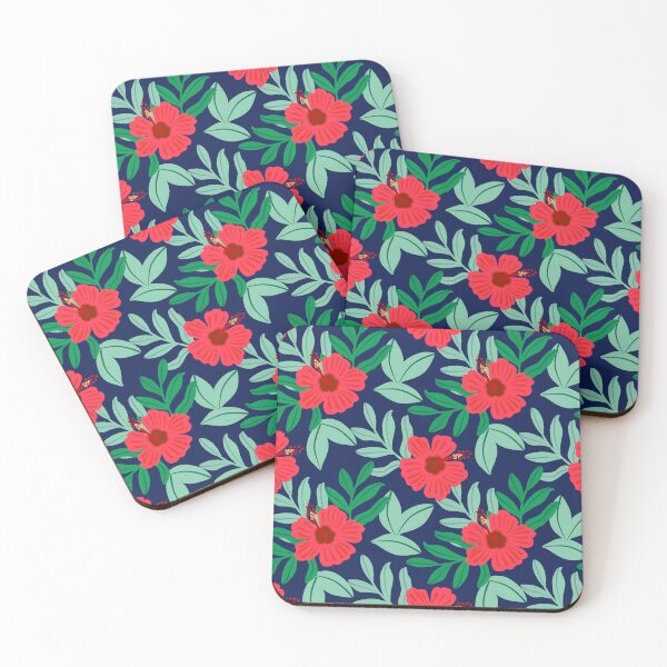 Item preview, Floral red hibiscus pattern on navy | tropical summer flowers designed and sold by Lindsay Marie Patterns.