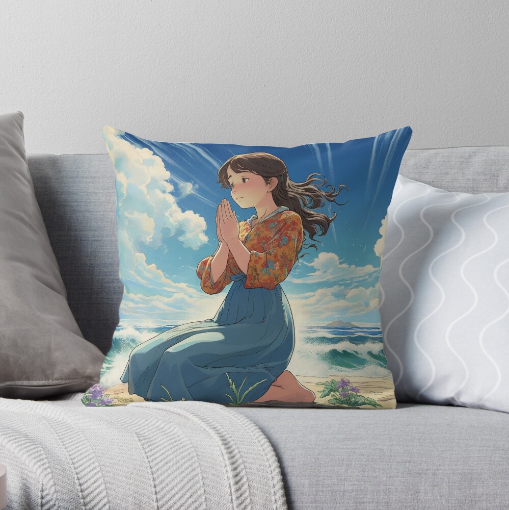 Throw Pillow Portrait of a girl praying 