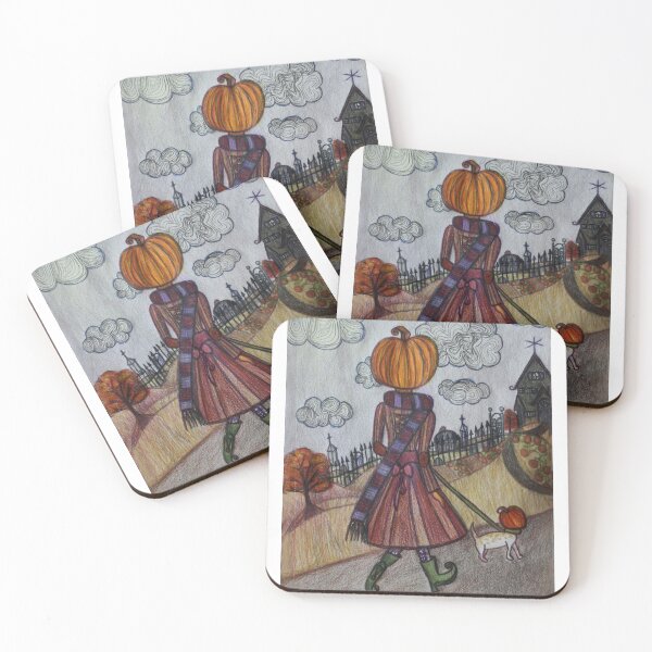 Item preview, Pumpkin Girl Walking Pumpkin Dog Art Drawing designed and sold by Melissablackjpg.