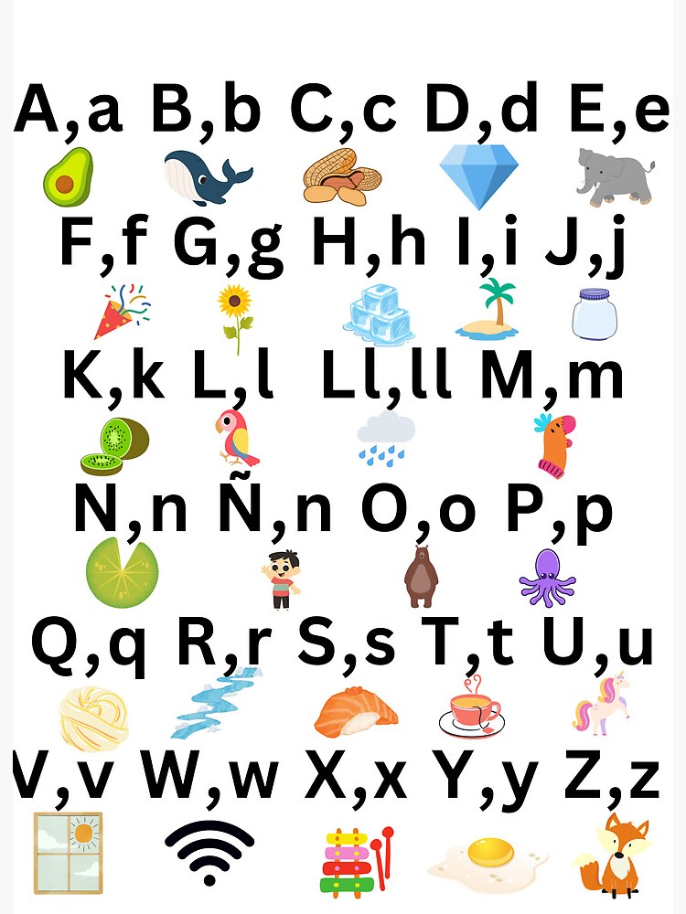 spanish-letters-with-and-ll-art-board-print-for-sale-by-readersbeware-redbubble for Free Printable Letterland Alphabet Chart Spanish Letters with ñ and ll