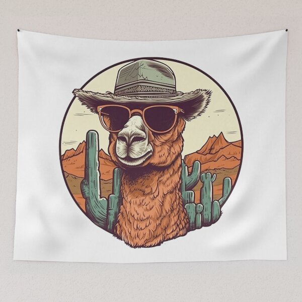 Aperçu de l'œuvre Cute Funny Camel in The Desert With Cactus and Sunglasses  créée et vendue par MrBadDream.