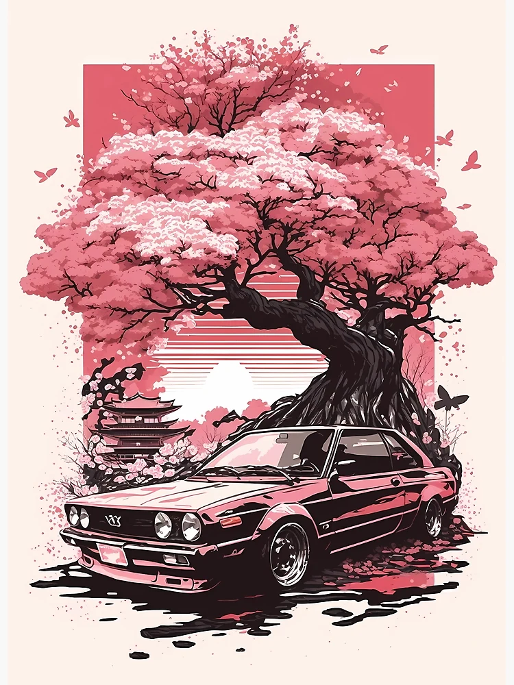 Sakura Blossoms and Vintage Cars in a Junkyard · Creative Fabrica