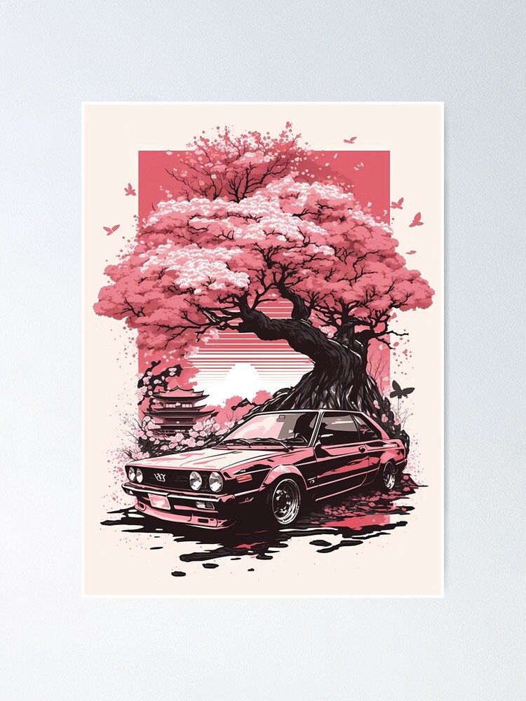 Sakura Cherry Blossoms Car Vintage Art
