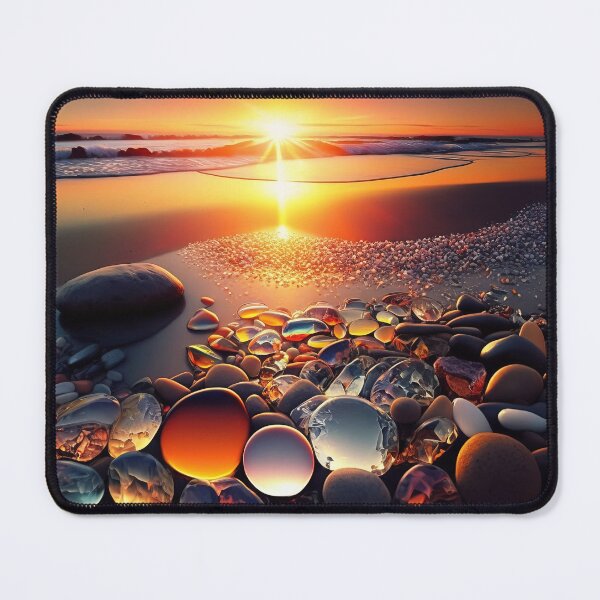 Item preview, Beach at Sunset with colorful Glowing rocks ,pebbles ,ambers and agates AI generated Illustration. designed and sold by svetlanna.