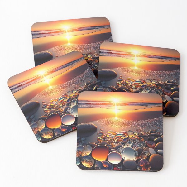 Item preview, Beach at Sunset with colorful Glowing rocks ,pebbles ,ambers and agates AI generated Illustration. designed and sold by svetlanna.