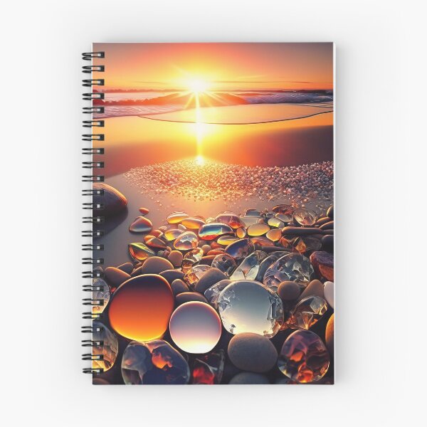 Item preview, Beach at Sunset with colorful Glowing rocks ,pebbles ,ambers and agates AI generated Illustration. designed and sold by svetlanna.