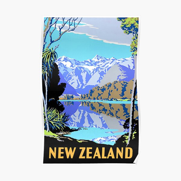 New Zealand Lake Matheson Vintage Travel Poster Poster