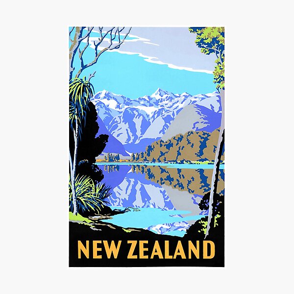 New Zealand Lake Matheson Vintage Travel Poster Photographic Print
