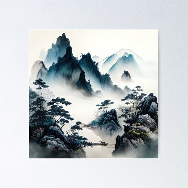 Chinese Ink And Watercolor Painting Of High Mountain Classic Art