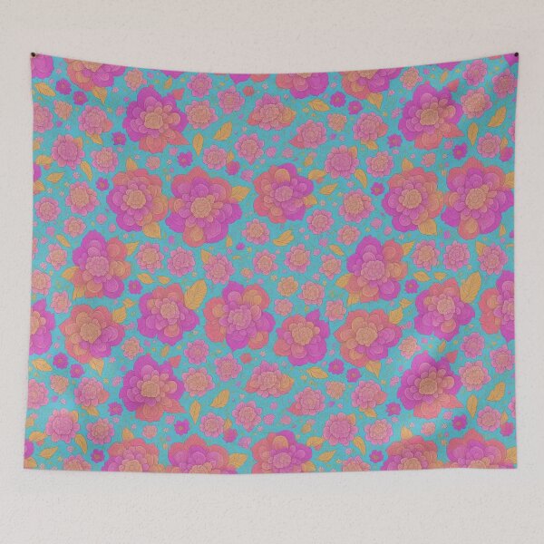 Item preview, Vibrant Pink Blossoms: Seamless Floral Pattern with Light Blue Background designed and sold by GrumpGoose.