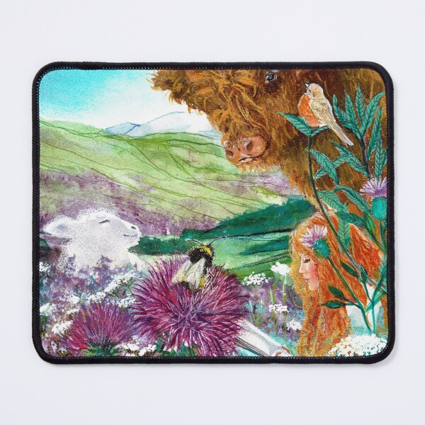 Item preview, Watercolor Painting by Laura Rispoli girl reading with happy Scottish Highlands Cow animal friends in wildflowers Bee Thistles art designed and sold by Laura-Rispoli.