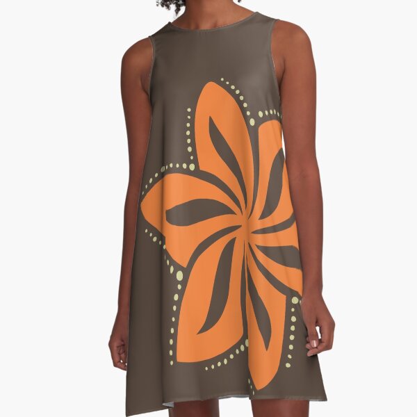 Retro Orange Tropical Hawaiian Polynesian Flower on Brown Background A-Line Dress