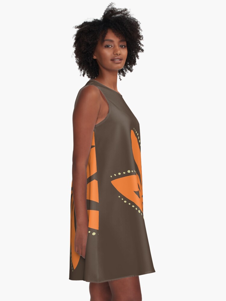 Alternate view of Retro Orange Tropical Hawaiian Polynesian Flower on Brown Background A-Line Dress