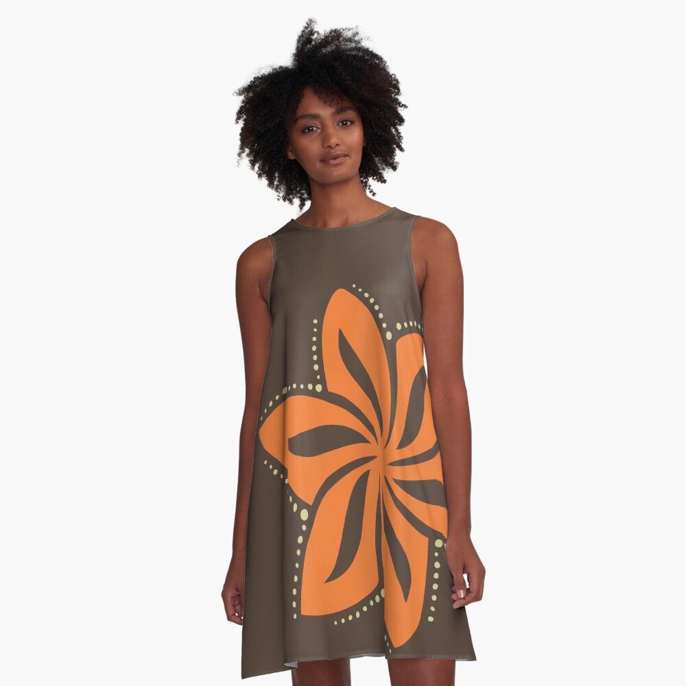 Retro Orange Tropical Hawaiian Polynesian Flower on Brown Background A-Line Dress