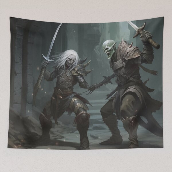 Item preview, Halfling Elf Fights an orc designed and sold by Midnight Merchandise Shop.