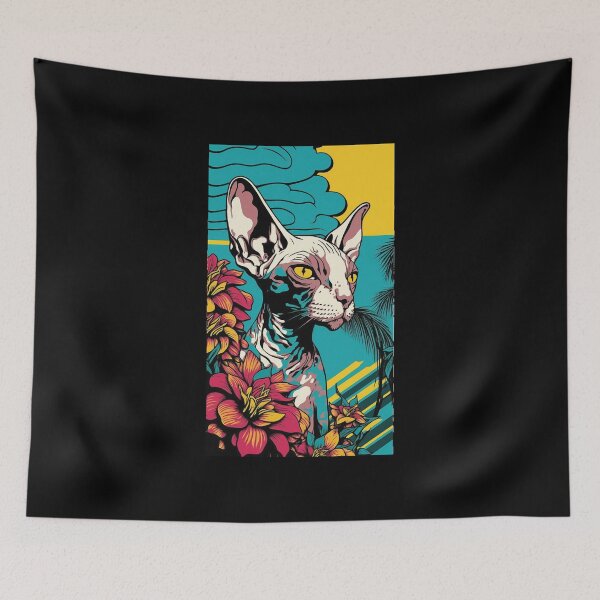 Item preview, Sphynx Cat Vibrant Tropical Flower Tall Retro Vintage Digital Pop Art Portrait 2 designed and sold by arthouseflunky.
