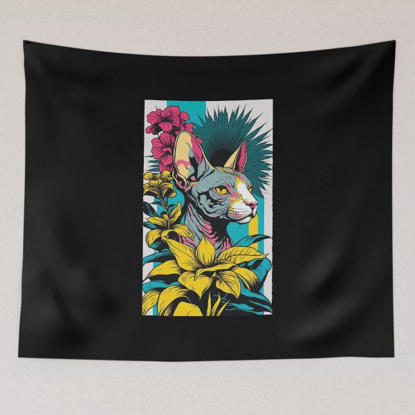 Item preview, Sphynx Cat Vibrant Tropical Flower Tall Retro Vintage Digital Pop Art Portrait 4 designed and sold by arthouseflunky.