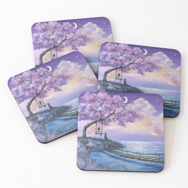 Item preview, Aesthetic girl on swing dreamy clouds crescent moon cherry blossom tree designed and sold by LEILA ART SPACE.