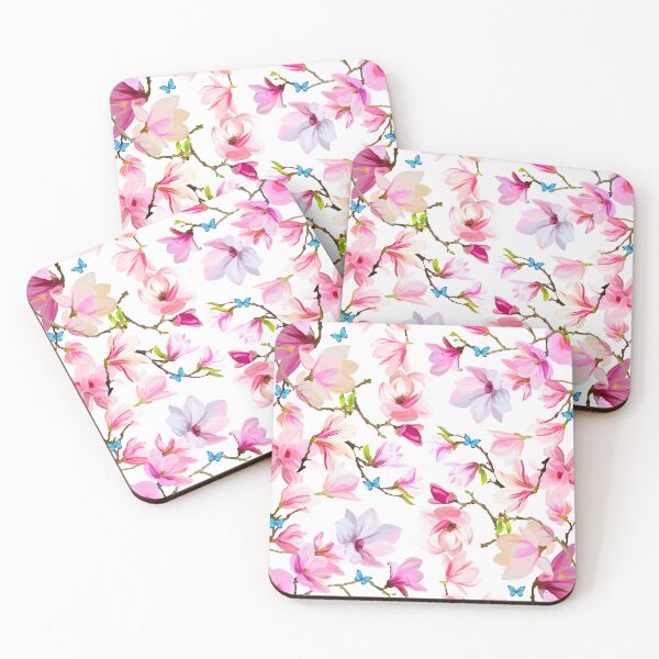 Item preview, Pink Magnolia Flowers with Blue Butterfly Pattern designed and sold by Moni-Makes-Art.