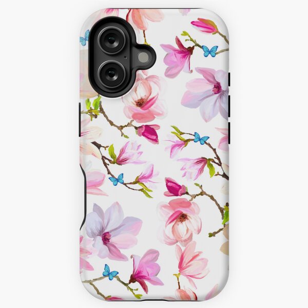 Aperçu de l'œuvre Fleurs de magnolia rose avec motif papillon bleu créée et vendue par Moni-Makes-Art.