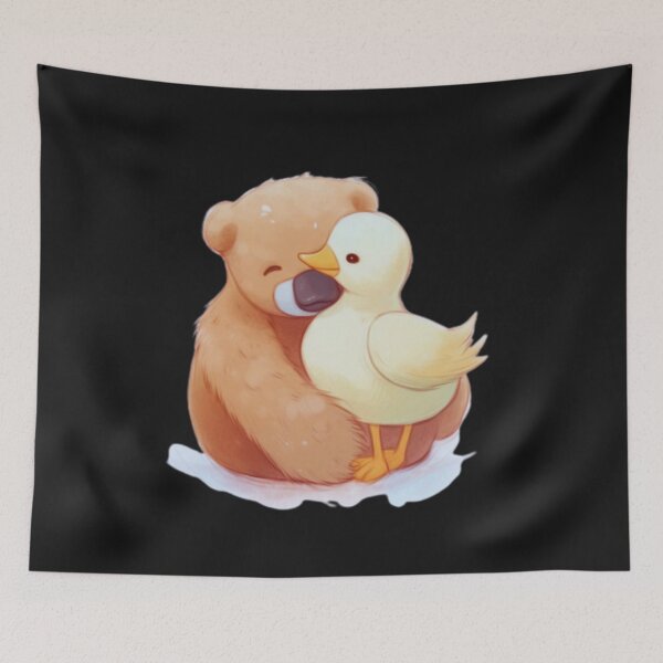Item preview, cute drawing of a bear hugging a duck, designed and sold by dygo1986.