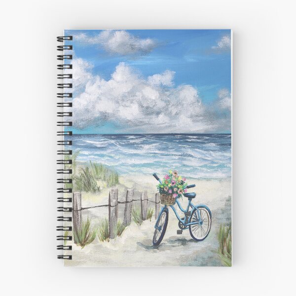Artikelvorschau, Sonniger Sommer-Sandstrand, Ozeanwellen, blauer Himmel, Fahrrad mit Blumenkorb entworfen und verkauft von LEILA ART SPACE.